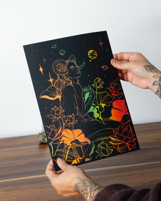 Starry Eyes art print in holographic gold foil on black card, a girl who adores the stars and the cosmos