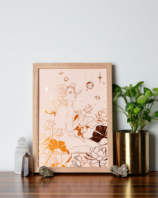 Starry Eyes divine feminine art print in pumpkin foil on peach card, a girl who adores the stars, nature and the cosmos, handcrafted in Melbourne