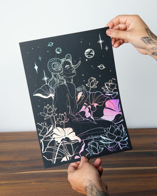 Starry Eyes art print in holographic silver foil on black card, a girl who adores the stars and the cosmos