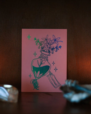 A pink art print featuring a potion bottle displayed on a dark wooden shelf with warm ambient lighting and blurred crystals in the foreground.