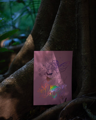 Juniper the woodland fairy art print in holographic pink foil on pink card, hand-foiled by The Moon Et Tu