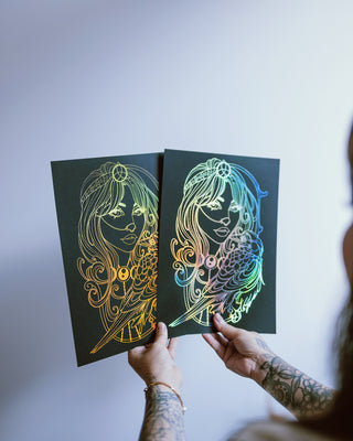The Morrigan Celtic goddess foil art print handcrafted in Melbourne. Raven, fate and sovereignty