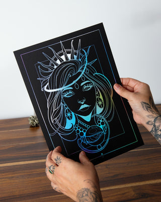 Theia goddess of light art print in holographic silver foil