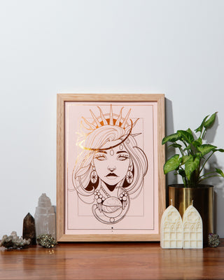 Theia, mother of Selene, art print in pumpkin foil on peach card