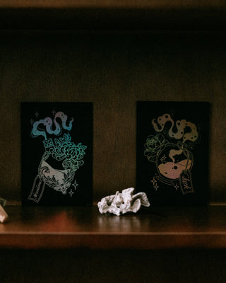 Four dark-framed illustrations on a wooden shelf with decorative stones.