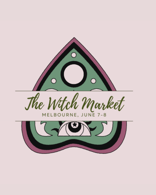 Logo for The Witch Market with eye design on pink background